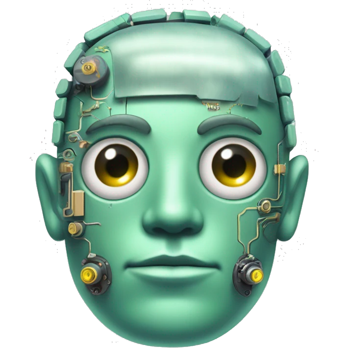 Pastel green haired male cyborg head with monocle and circuitry emoji