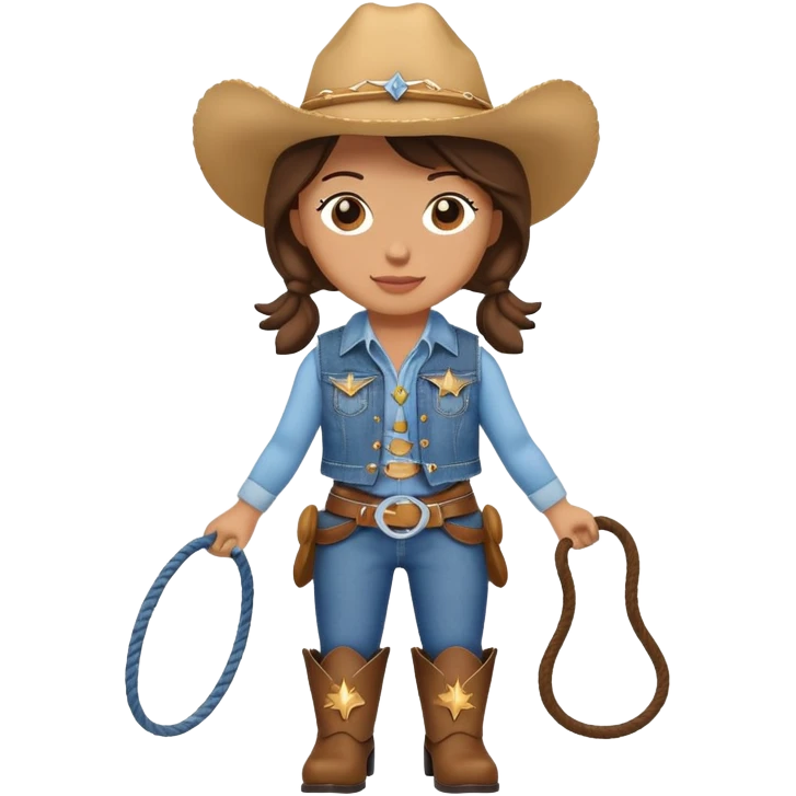 A cuddly cowgirl plush toy with denim vest, cowboy boots and a lasso emoji