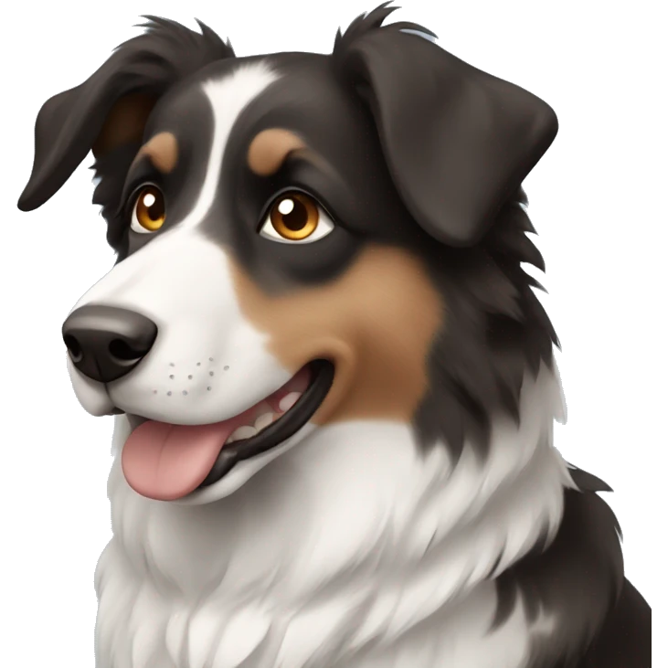 Austrian shepherd, black white and brown, light blue eyes emoji