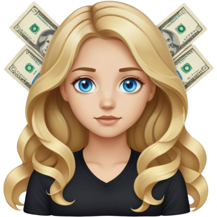 blonde polish girl, long wavy brown to blonde ombré hair in a middle part with money pieces, blue eyes, black shirt  emoji