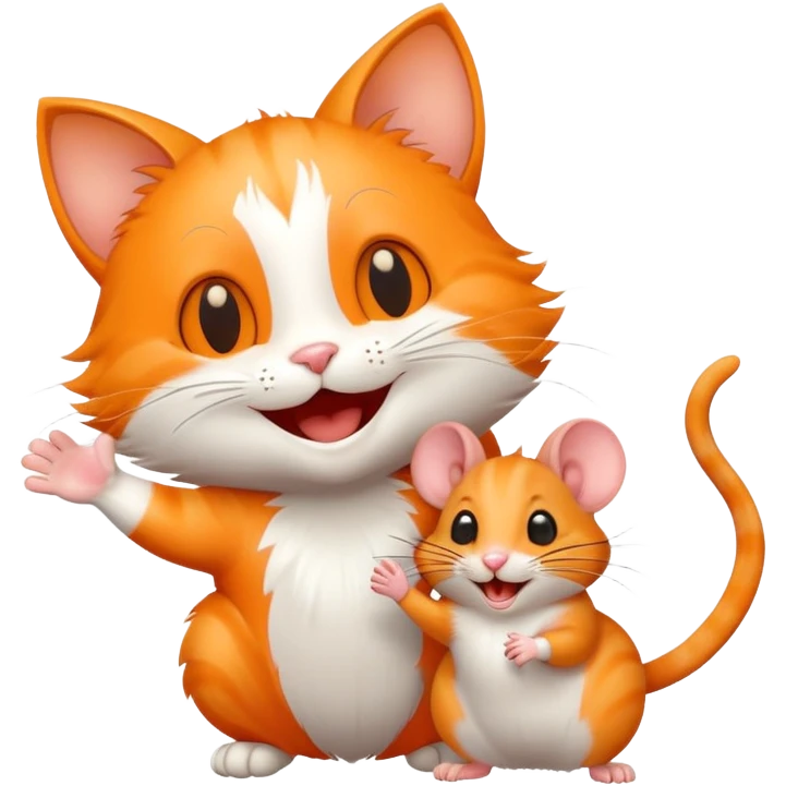 Joyful cat being greeted by a mouse friend with a wave emoji