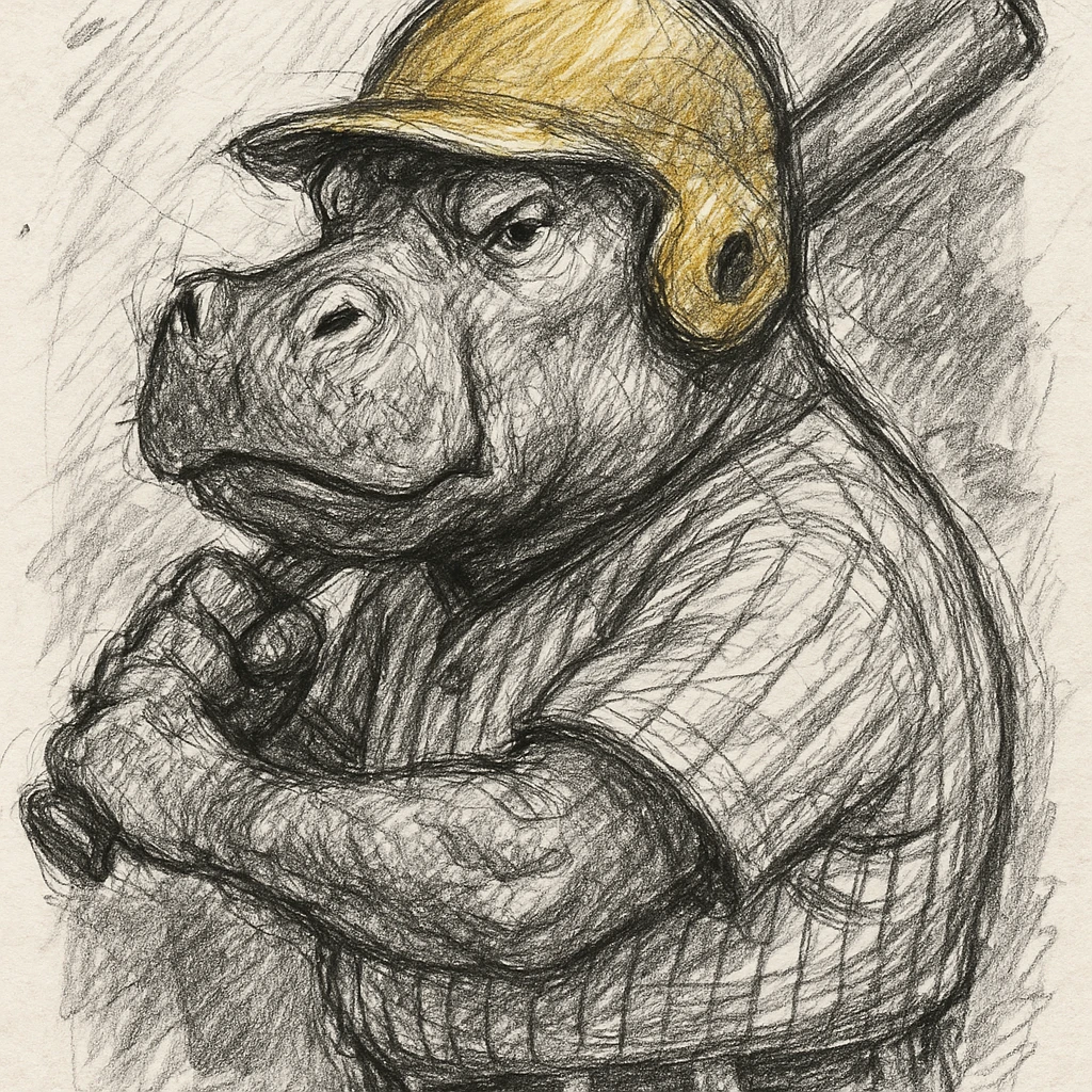 hippo holding a baseball bat, wearing a yellow helmet, pinstripes outfit emoji