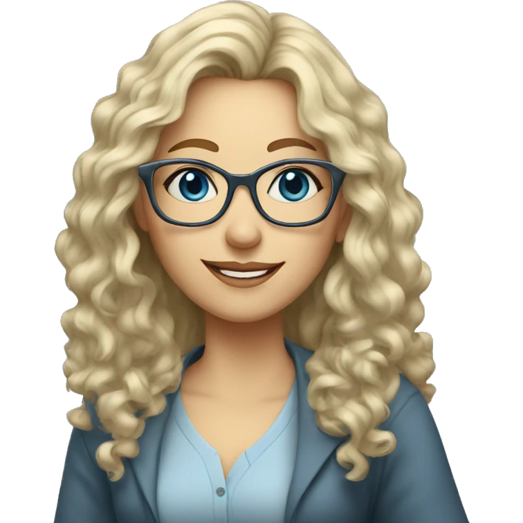 Woman teacher blonde gray long curly hair glasses blue eyes with book emoji