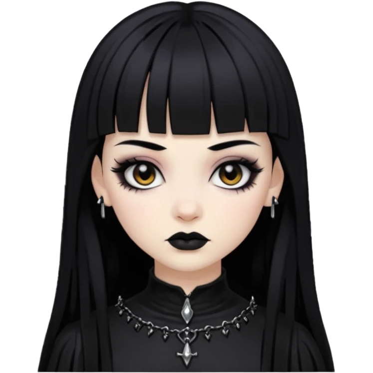 Faça uma moça de cabelo preto e micro micro franja pálida e com maquiagem gótica pesada olhos castanhos escuro  emoji