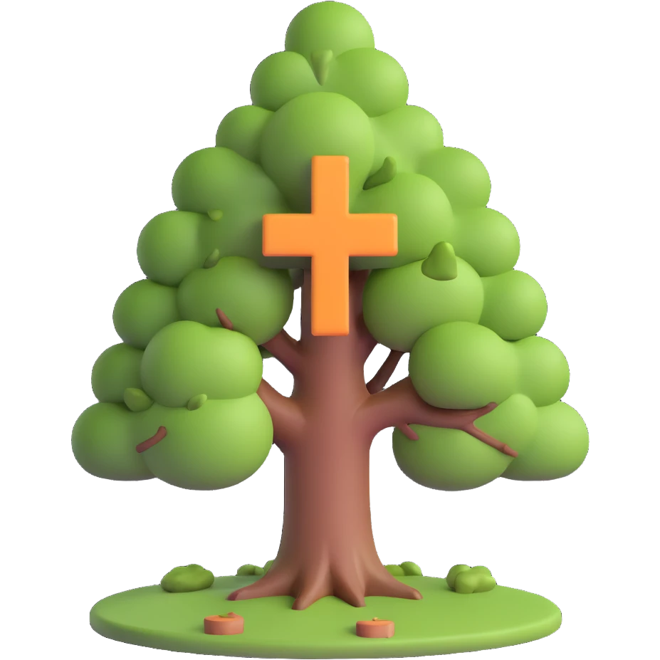 3D illustration of a full color tree with a small red plus sign in the middle, signifying health or hospital emoji