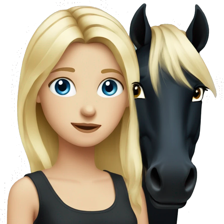 blonde girl with blue eyes and her black horse with black mane emoji