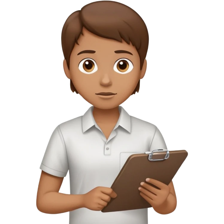 Intern or volunteer with brown hair holding a clipboard and pencil, ready to take notes or assist. The character wears a simple shirt and has an eager posture emoji