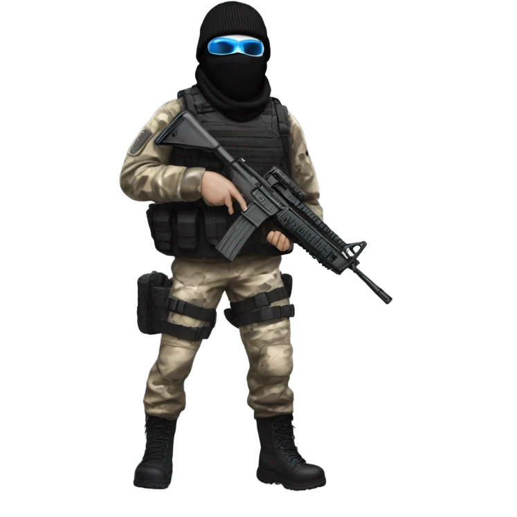 male, pale skin, call of duty black face mask, camo tactical gear, combat boots, black beanie, blue eyes emoji
