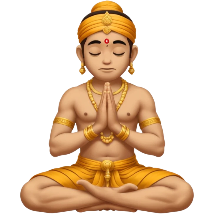 Hanuman ji seated and praying with close eyes with golden mukut and only in dhoti no upper wearings emoji