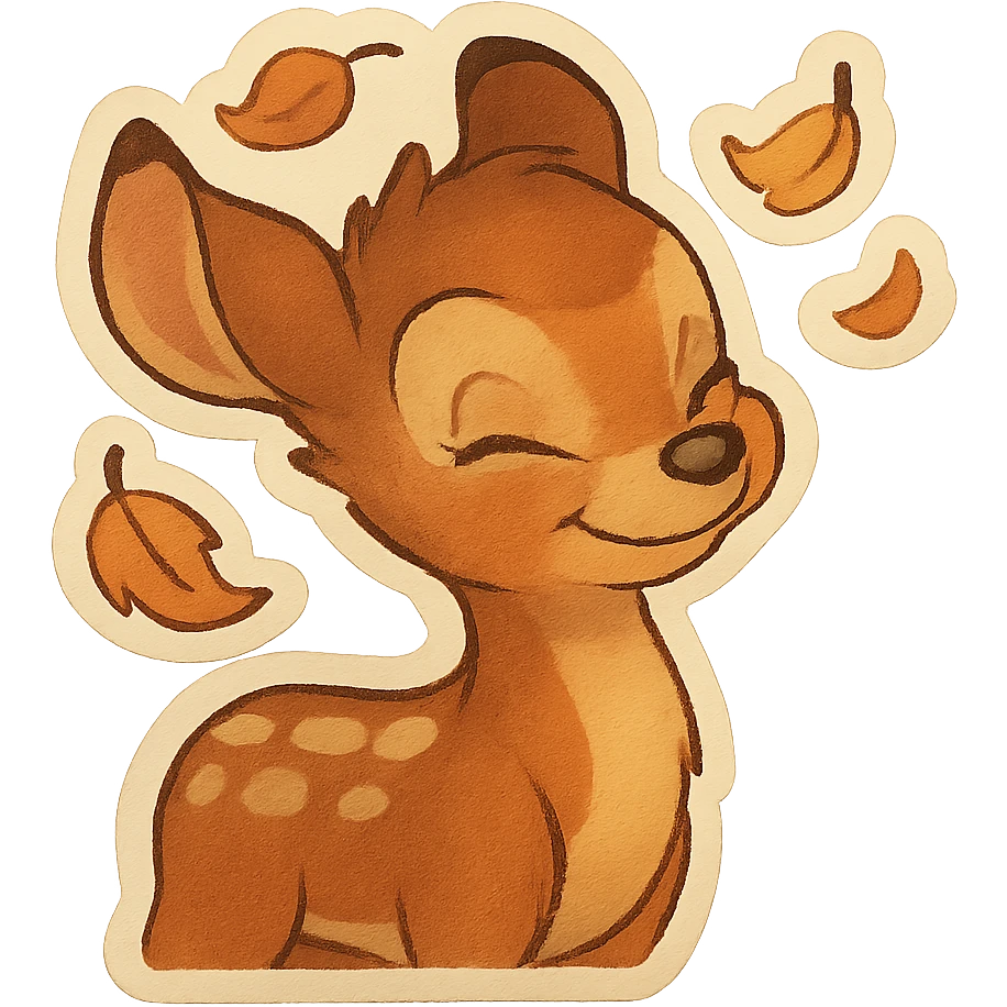 animated deer gently shaking its head with falling leaves, retro vintage style, cozy acoustic aesthetic, warm muted colors, subtle grain, soft lines, 112x112px, smooth loop, nostalgic analog mood emoji