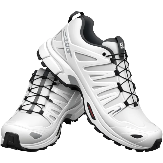 Bare minimum stylized white Salomon XT-6 sneakers in pure iOS emoji style, extremely clean lines, simplified shapes, one shoe behind the other, flat white design emoji