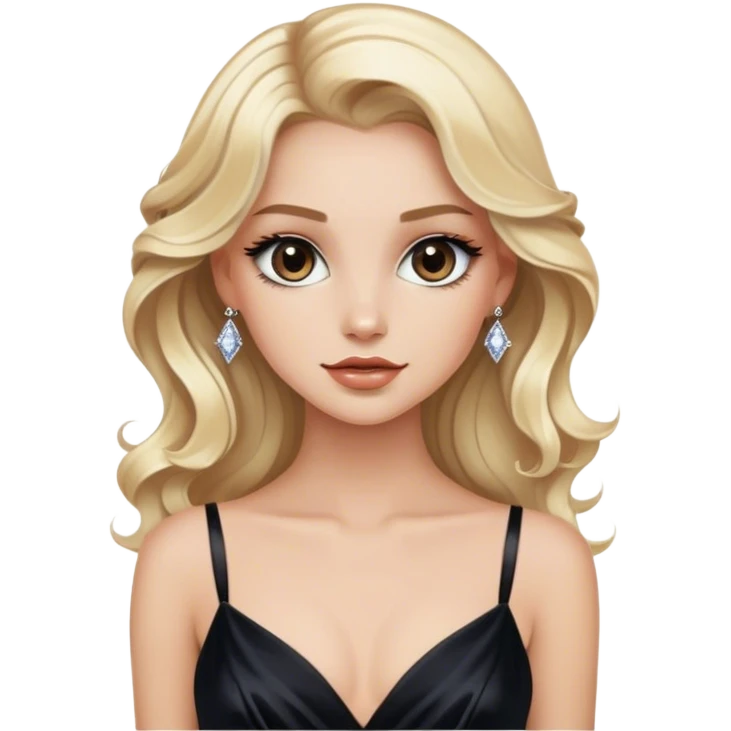 Luxury blonde model, brown eyes, sleek wavy hair, black silk gown with diamanté straps emoji