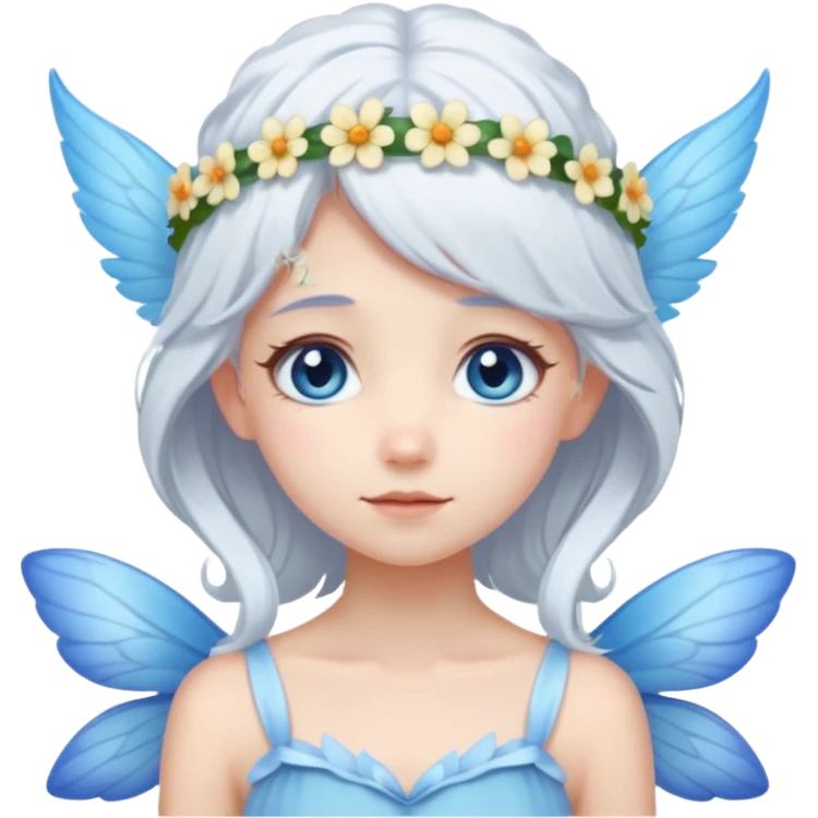 A shy white hair fairy with soft blue wings with flower smallcrown emoji