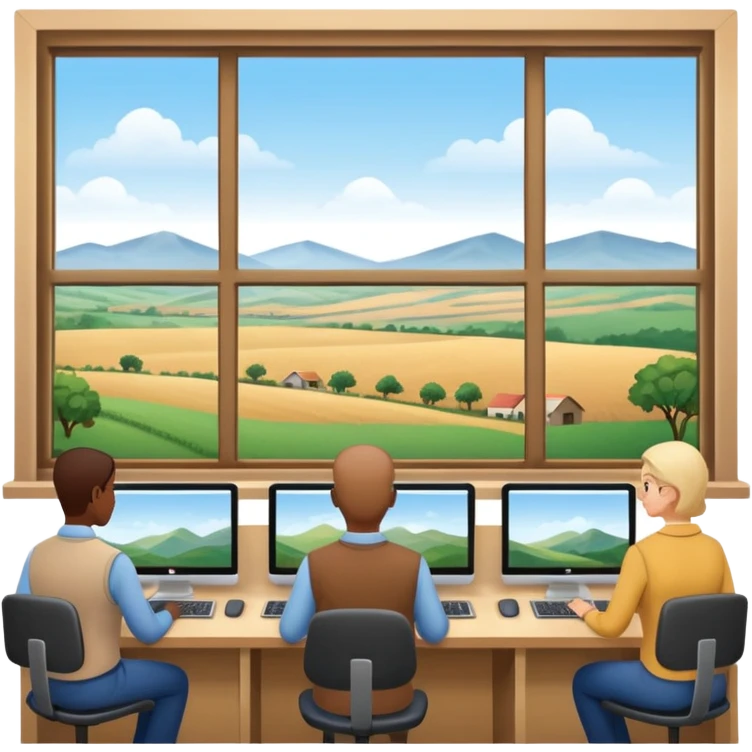 Employees of a startup company working on their computers while looking out the window at the rural landscape.  emoji