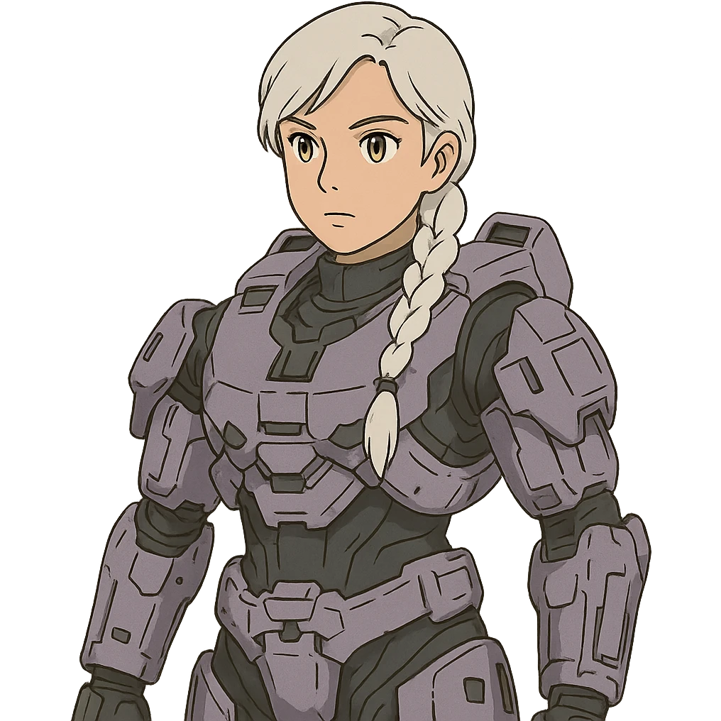 female, wearing reach spartan armor default, long white braid hair, gold yellow eyes, attention pose, halo series, no helmet, the armor is lavender color scheme and has no shoulder pad attachments emoji