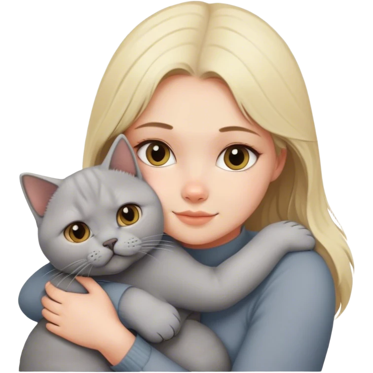 Blonde girl hugging her grey British cat emoji