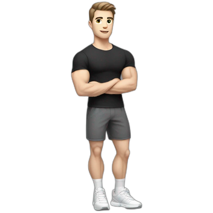Pale skinned Fit Man With the biceps and dark brown hair in black shirt, gray sports shorts and white Sneakers emoji