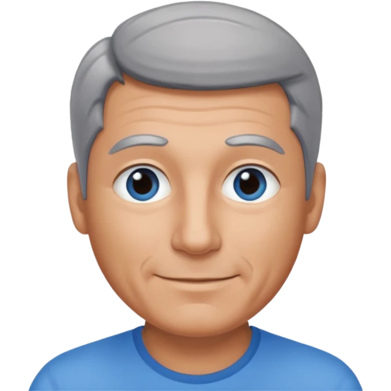 Middle aged man with tanned skin, little black to grey hair and no beard, blue eyes, shy smile emoji