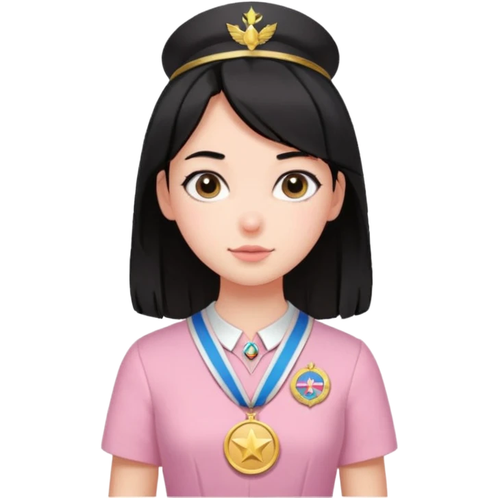 black haired girl wearing pastel pink with medals emoji