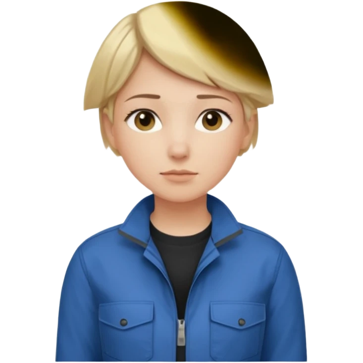 Calm and independent female engineer, fair skin, short straight blonde hair tucked behind the ears, neutral but focused expression, wearing a fitted blue utility jacket over a black crew-neck top, waist-up, front-facing emoji