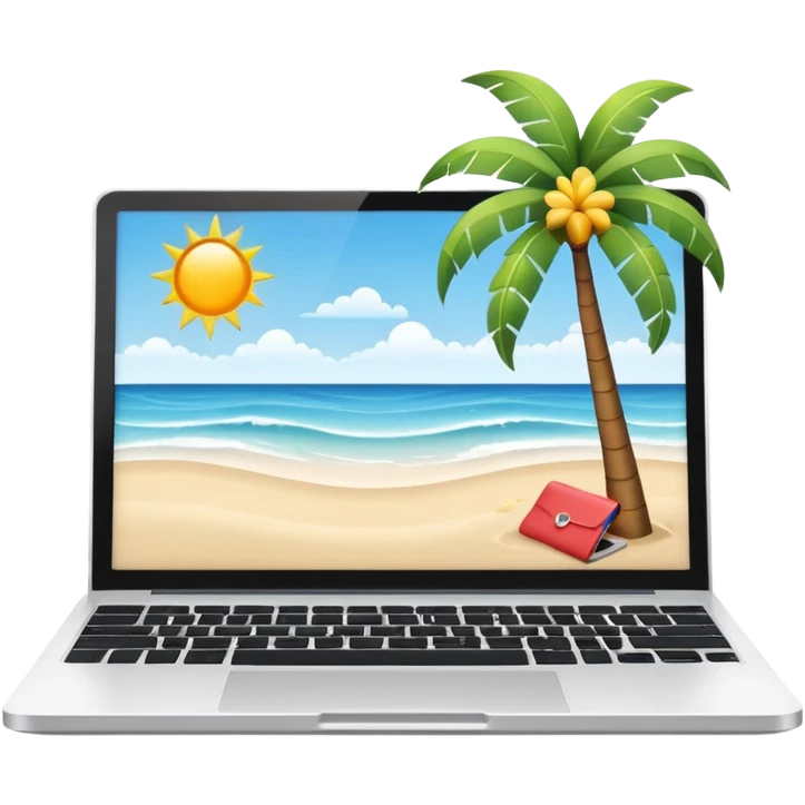 A minimalist emoji-style icon representing workation: An open laptop in the foreground on the beach. Background shows sea, sun, and a palm tree. No people, no text, clean and simple design like an emoji. emoji