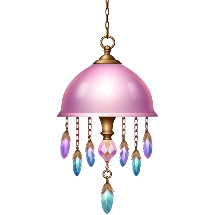 PInk iridescent Bell with chained hanging crystals LAMP with feathers emoji