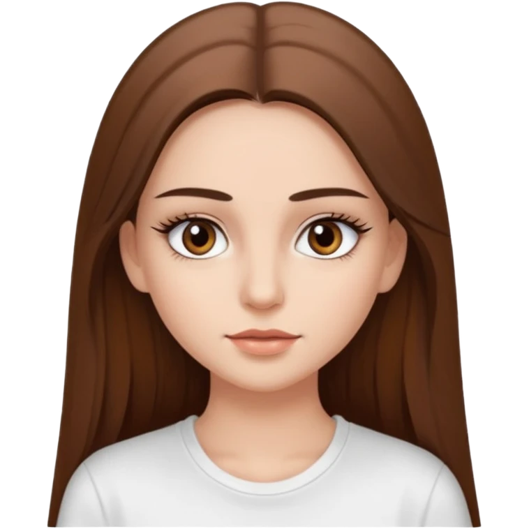 Chica de pelo liso ,largo y marrón con ojos color marrón  y una camiseta blanca y la piel blanca con pestañas y maquillada clean look emoji