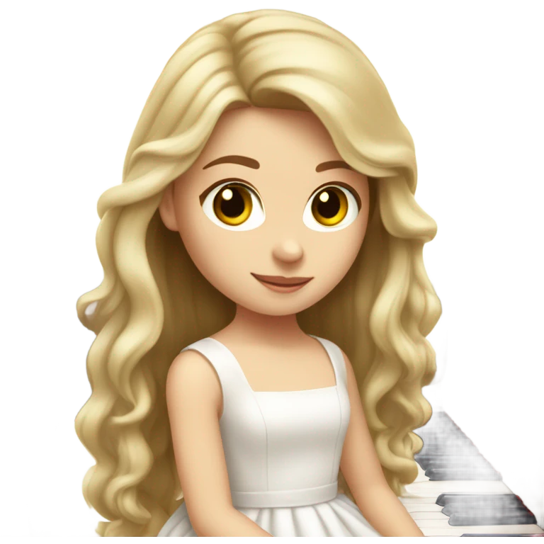 white girl with long hair and white soft dress and hair bow playing piano emoji