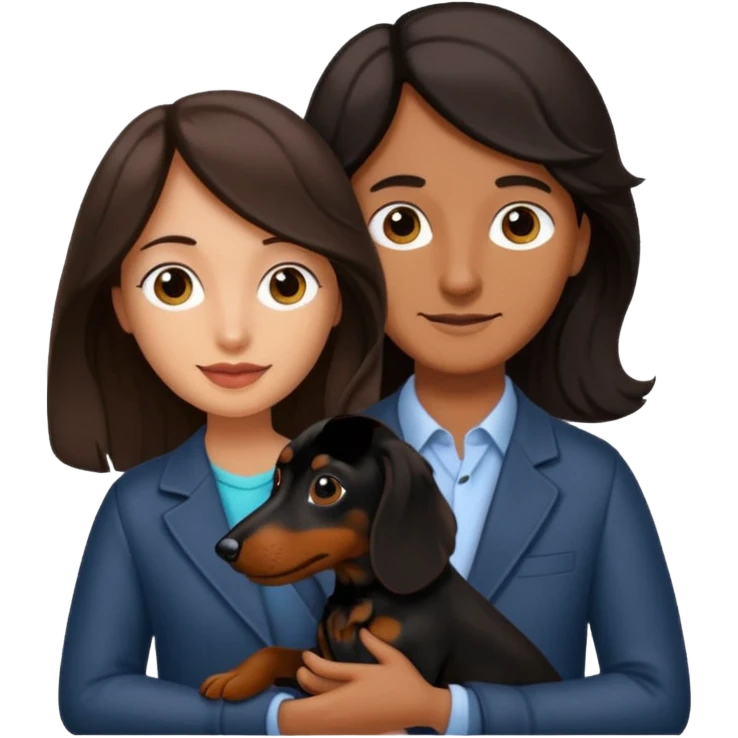 A dark brown long haired a lil bit wavy hair holding a daschund dog black emoji