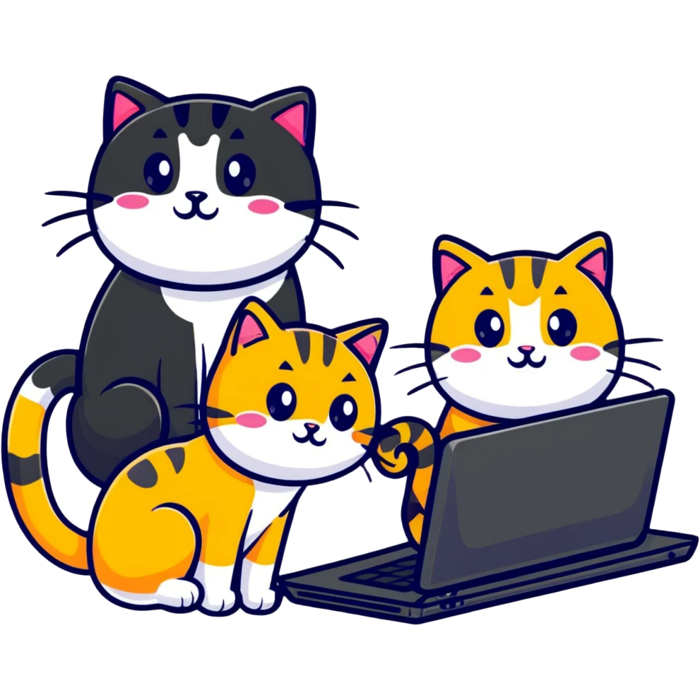 three cats at a computer, playful sticker style emoji