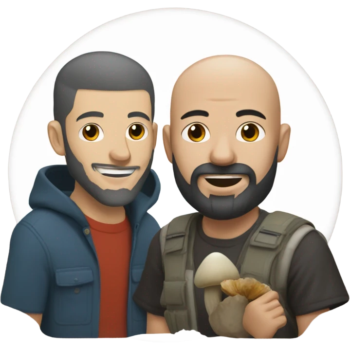 Bald bearded white man and wavy black haired Asian man eating mushrooms emoji