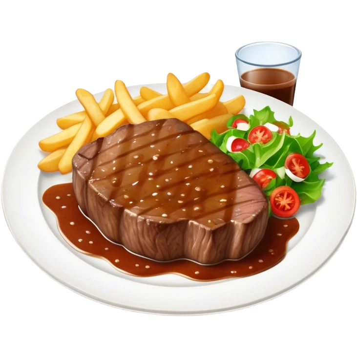 big juicy australian steak meal featuring chips, small salad in a ramiken and gravy  emoji