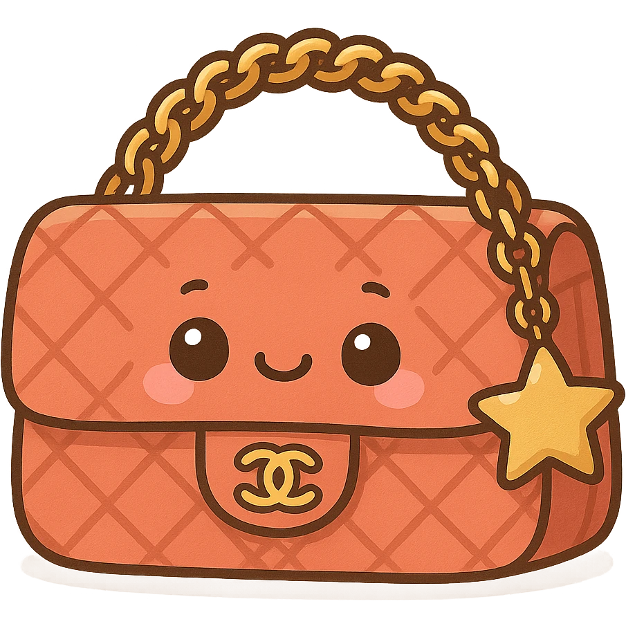 a cute and exaggerated chibi stickers style Chanel purse with a star charm and smiling face emoji
