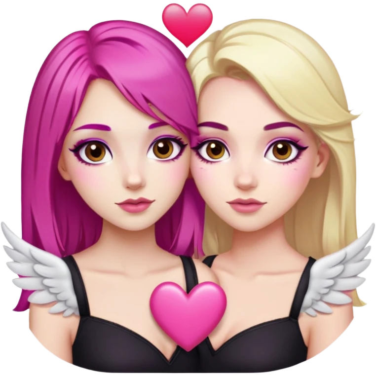 gorgeous pale girl with magenta pink hair and brown eyes winged eyeliner latina makeup next to a gorgeous blonde girl with brown eyes with a pink heart in between emoji