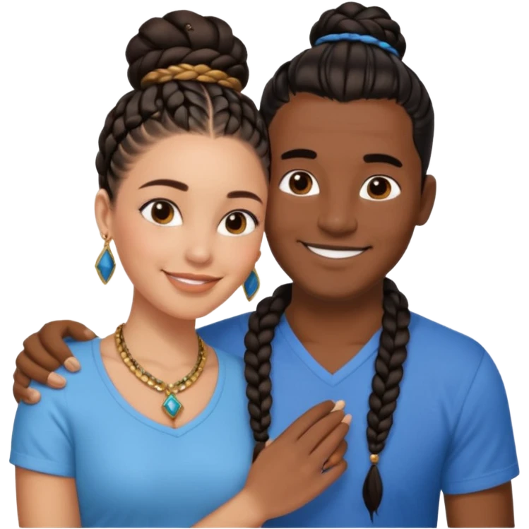 smiling embracing interracial couple from waihair in a bunn in a bunst up. dark ebony woman with long braided hair and jewelry. brazillian man short hair wearing blue. emoji