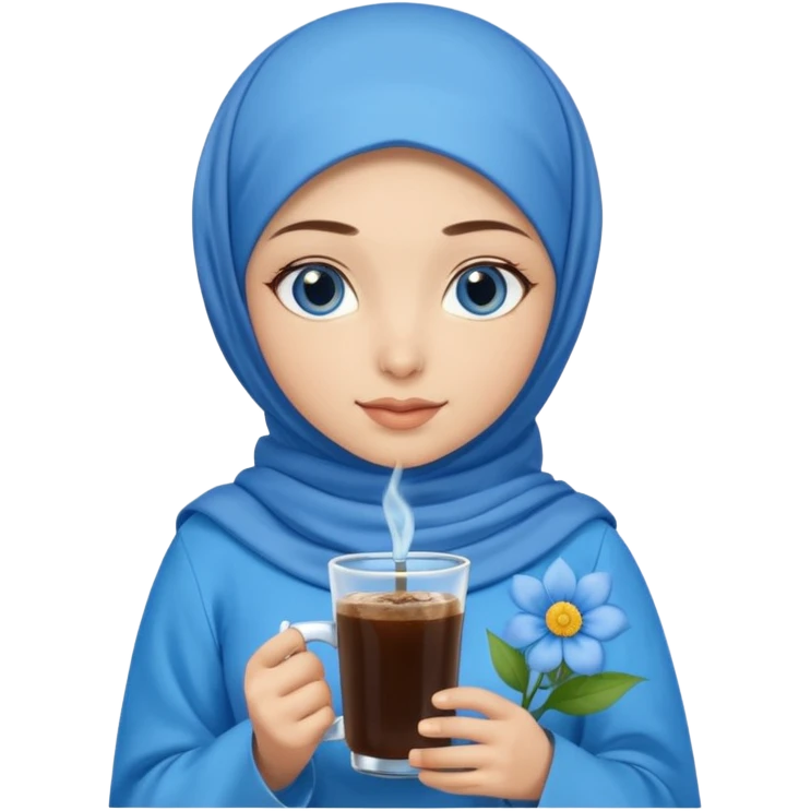 Turkish beautiful finish Konya girl blue eyes with blue hijab islamic dress and had on her hand blue flower in cold brew coffee  emoji