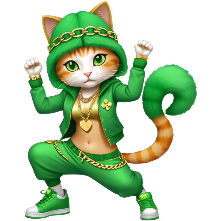 female cat dressed in hip-hop Run DMC style with green outfit, shamrock accessories, gold chains, bling, St. Patrick's Day, break dancing emoji
