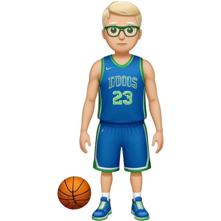 Full Body large white male basketball player wearing glasses wearing blue green uniform emoji