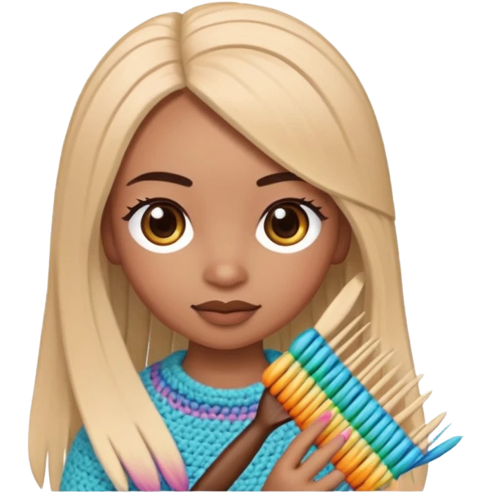 Pegatinas de Mujer con pelo lacio  tejiendo un amigurumi  emoji
