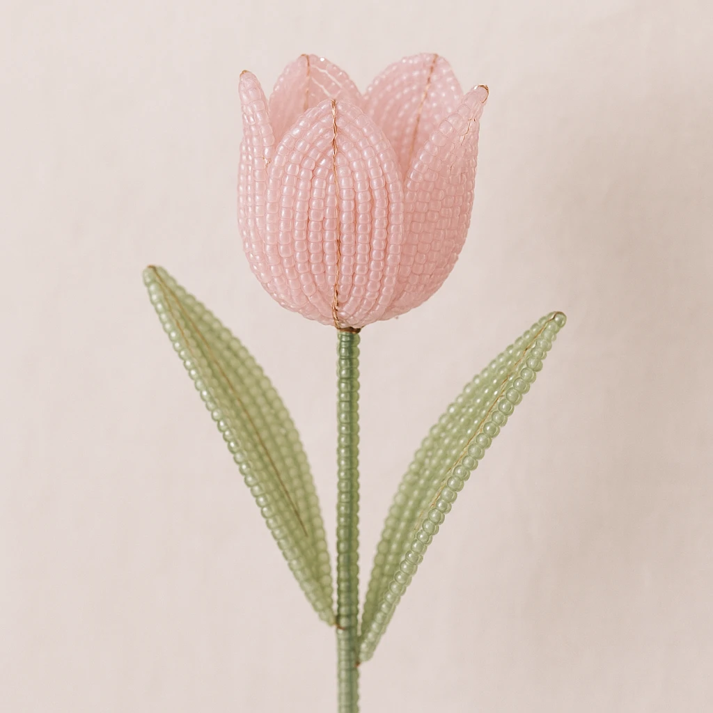 baby pink tulip made with french beading technique, translucent beads, fine wire, soft and feminine look, delicate and detailed emoji
