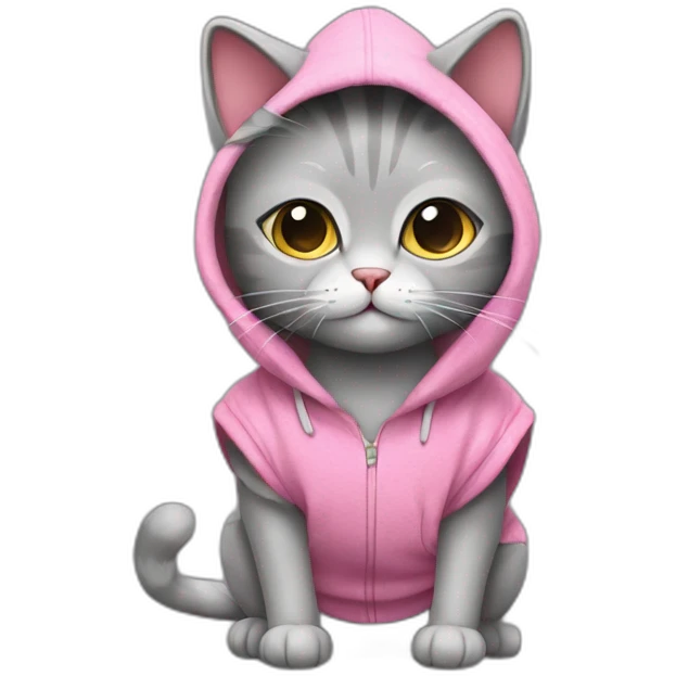 A gray plush cat. This cat is wearing a sleeveless sweater with a pink hood. He's sitting on his buttocks. Small round ears are in the hood. emoji