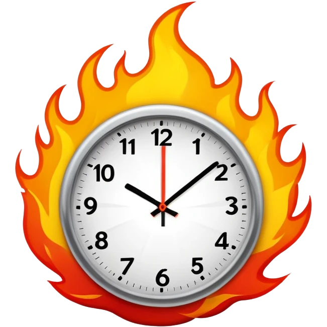classic round clock engulfed in vivid flames, simple shapes emoji