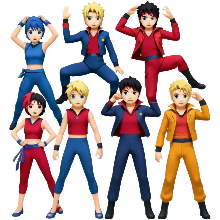 Icon for Anime Collage: Dynamic collage Characters from Cowboy Bebop, Naruto, Bishoujo Senshi Sailor Moon and Kimetsu no Yaiba, each in their iconic poses and vibrant outfits, blended together with dynamic backgrounds. Transparent background. emoji