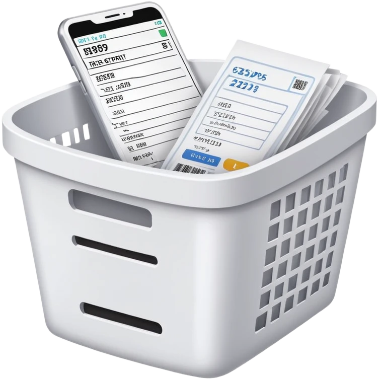 email e-receipt and paper receipt in a white and white basket, and small printing receipt emoji