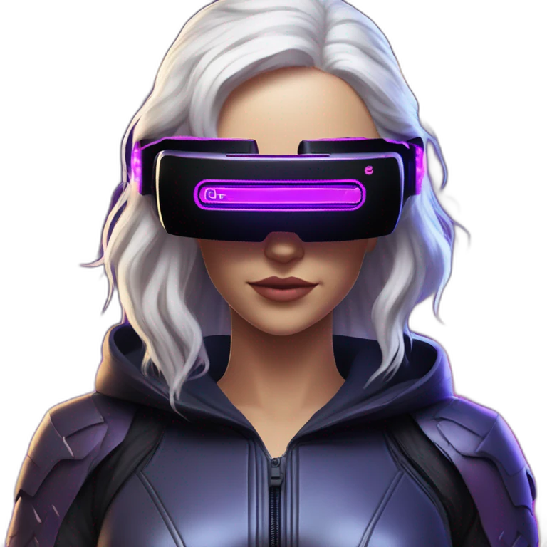 Daenerys Targaryen wearing a black hoodie with "OMG" letters on it and VR headset in a cyberpunk VR environment with violet neon lighting. emoji