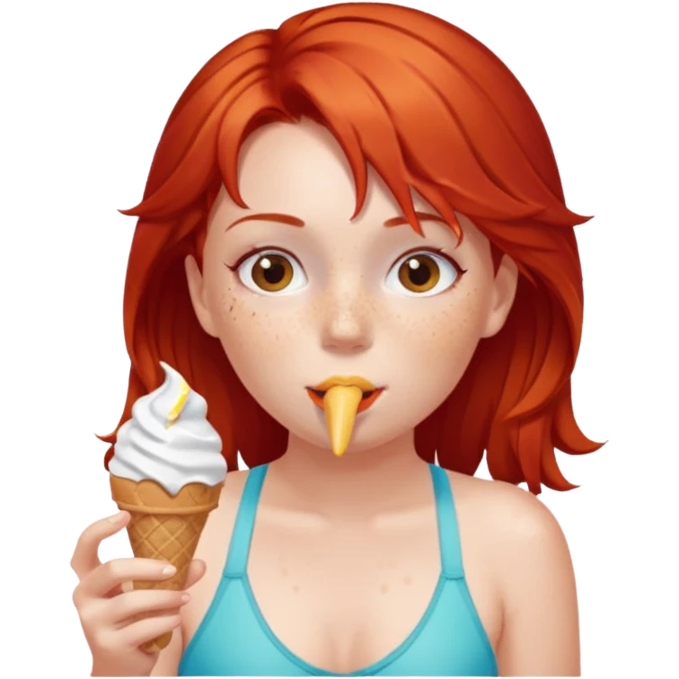 girl kid red haired swimsuit, eating ice cream, sun emoji