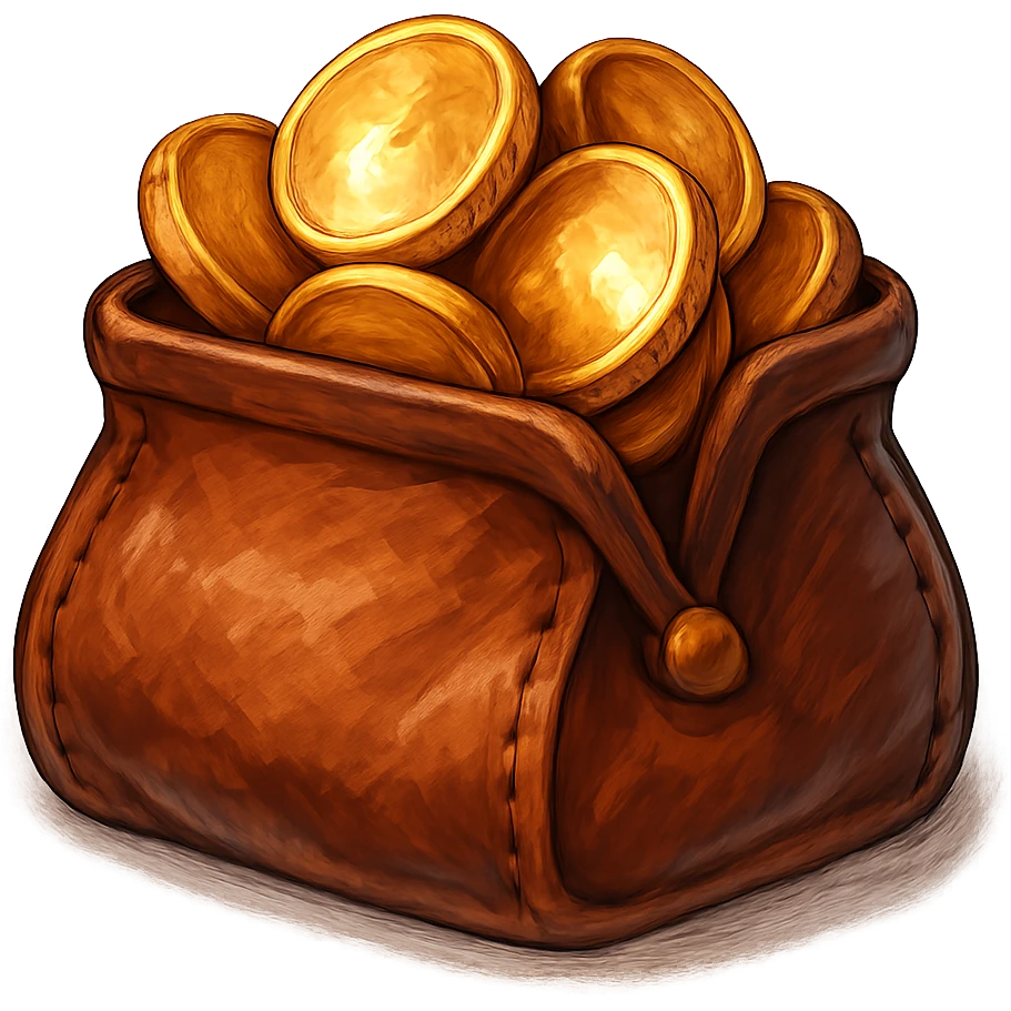 В cлегка рисованной, но при этом объемной и яркой стилистике сгенерируй картинку кожаного кошелька, из которого торчат натуральные фотореалистичные золотые монеты. Они должны выглядеть не как пластмассовые, а как настоящее золото. Прозрачный фон emoji