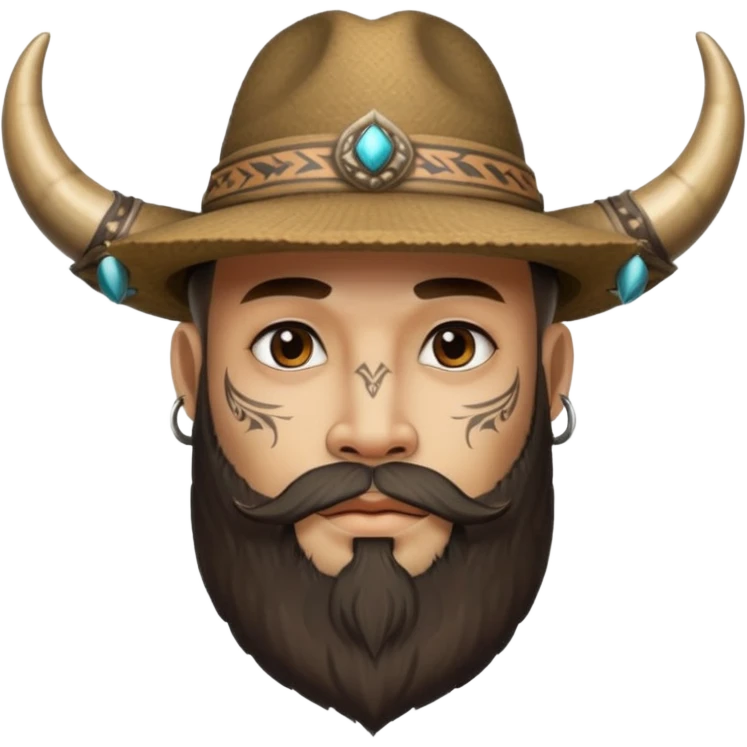 Bearded figure — large hat with horn, tattoo on face emoji