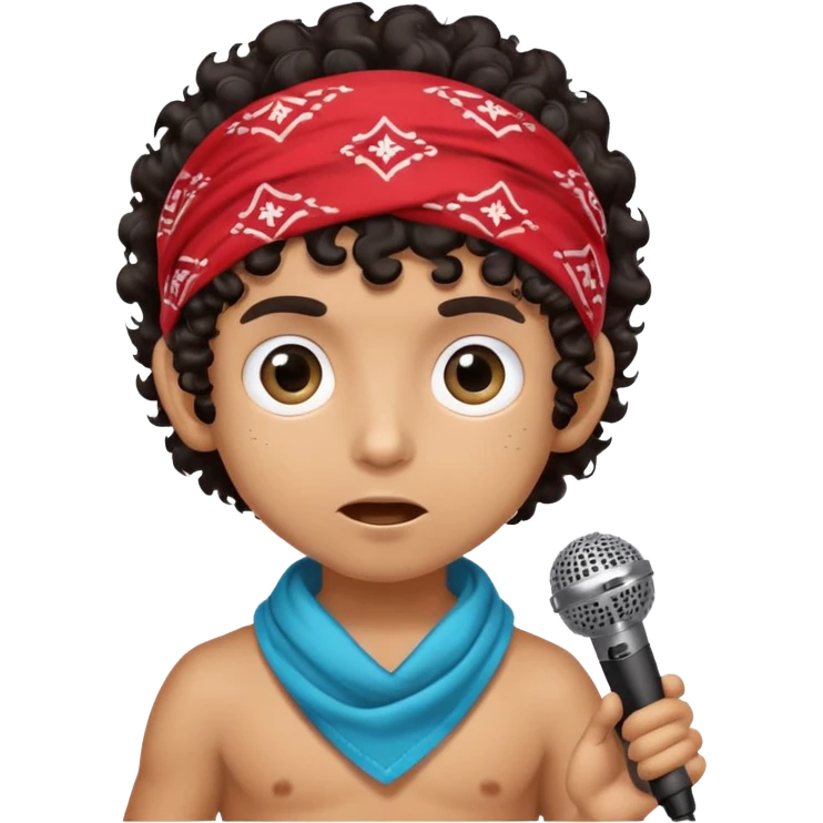 ugly tan skin boy with bandana on head and dark curly hair and HUGE eyes and holding a microphone emoji
