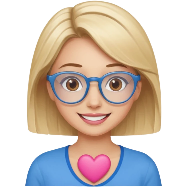 Asthectic pretty Blonde women brown eyes, blue glasses, wearing a brown top and smiling with a pink heart around her. emoji